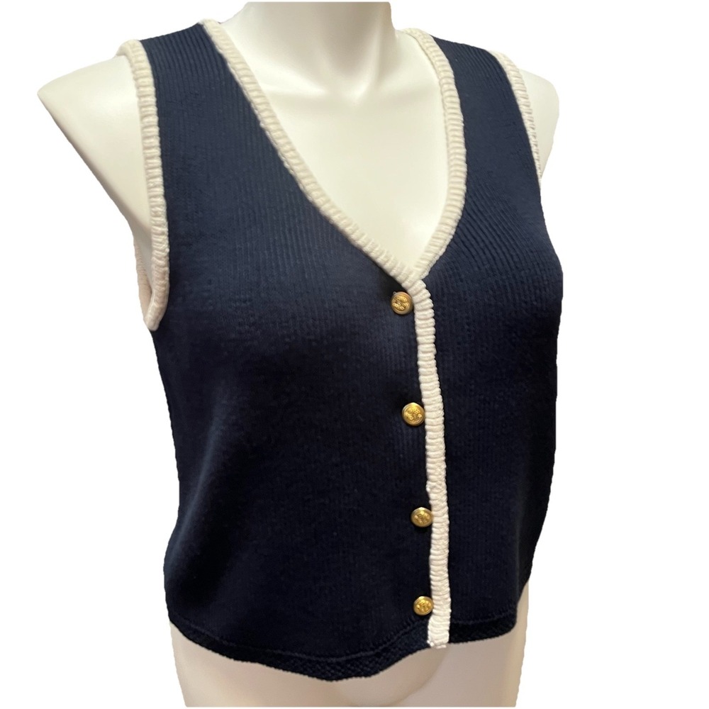 Gold Button Ribbed Sweater Vest Women's XL Navy Blue V Neck Nautical Coastal